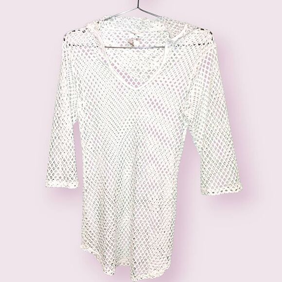 Alexa‎ & Stella Crochet Knit Coverup White Hoodie Pullover Mini Beachy Trendy - Picture 8 of 10